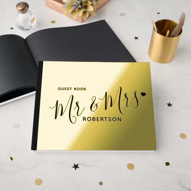 Schwarzer Text kleine Herz Braut Gold Gästebuch (Vorderseite offen)