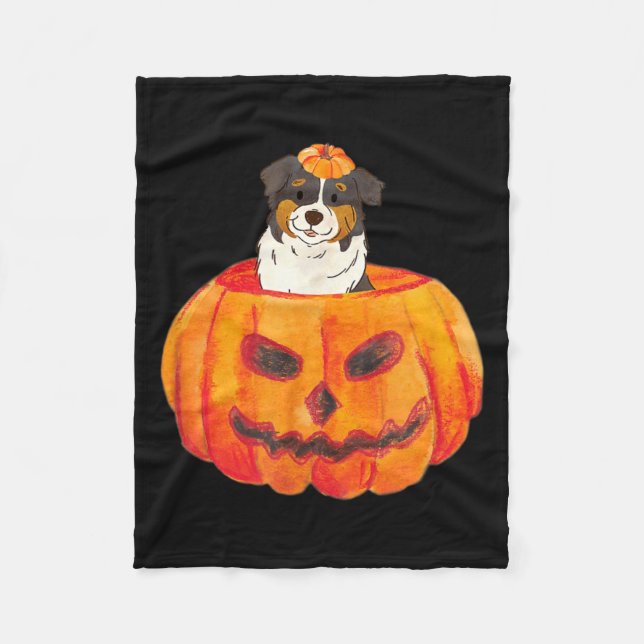 Schwarzer Tri Color Aussie Hund Frohes Halloween K Fleecedecke (Vorderseite)