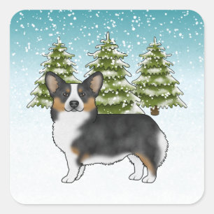 Schwarzer Tri Pembroke Corgi Winterwald Weihnachte Quadratischer Aufkleber