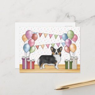 Schwarzer Tricolor Pembroke Corgi Hund Pastell Geb Postkarte