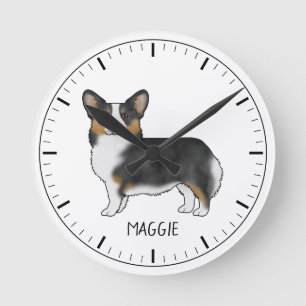 Schwarzer Tricolor Pembroke Welsh Corgi und Name Runde Wanduhr