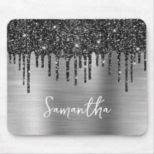 Schwarzer tropfender Glitter Silber Glam Name Mousepad