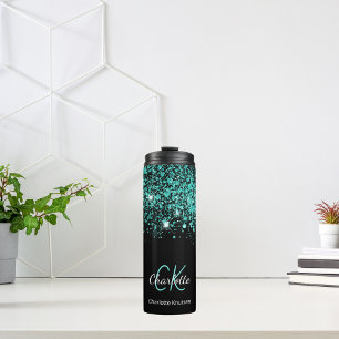Schwarzer Türkisgrüner Glitter-Monogramm-Name Thermosbecher