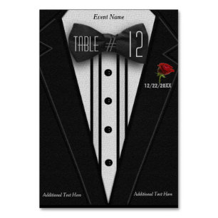 Schwarzer Tuxedo und Rote Rose der Tischnummer-  Tischnummer