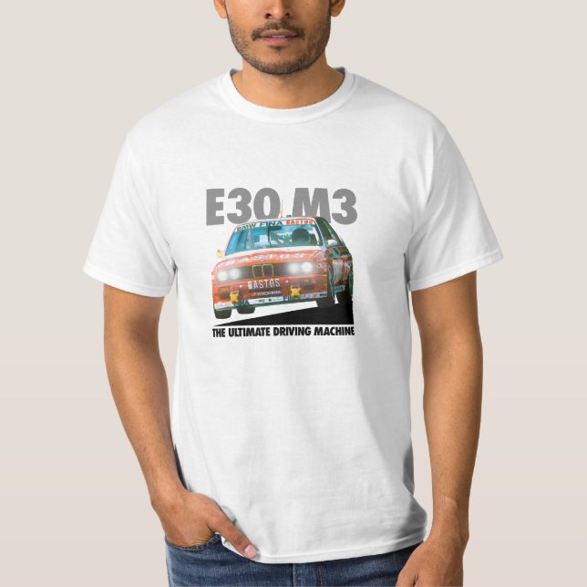 Schwarzer Typ BMWs E30 M3 DTM Rennläufer-(Bastos) T-Shirt (Vorderseite)