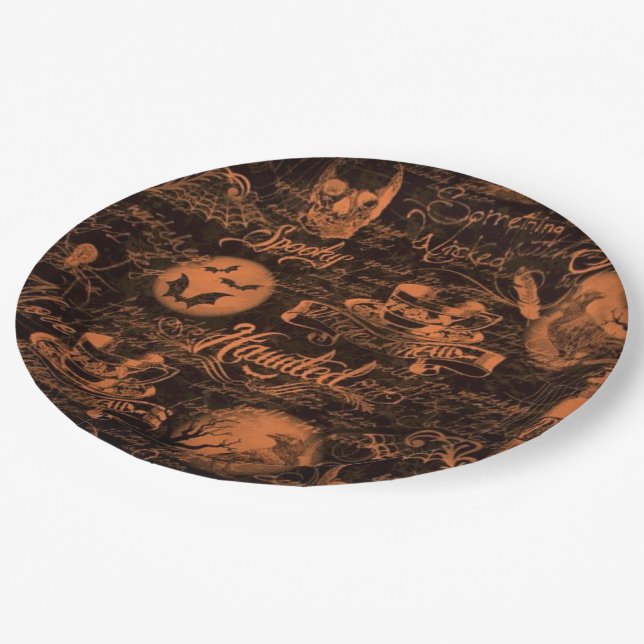 Schwarzer u. orange Spuk HalloweenpapierTeller Pappteller (Schrägansicht)