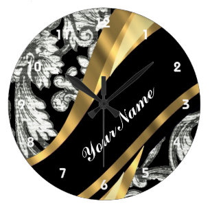 Schwarzer u. weißer Blumendamast Große Wanduhr