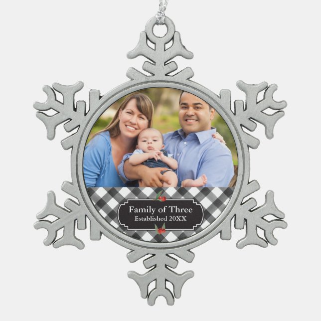 Schwarzer u. weißer Büffel-karierte Schneeflocken Zinn-Ornament (Vorderseite)