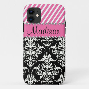 Schwarzer u. weißer Damast/rosa Stängel-diamante Case-Mate iPhone Hülle