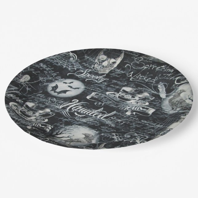 Schwarzer u. weißer Spuk HalloweenpapierTeller Pappteller (Schrägansicht)