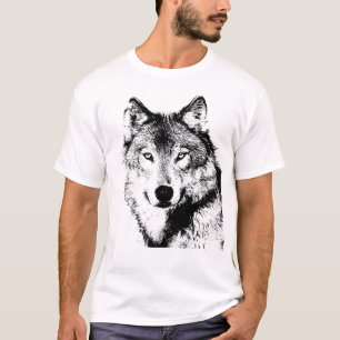 Schwarzer u. weißer Wolf-Grafik T-Shirt