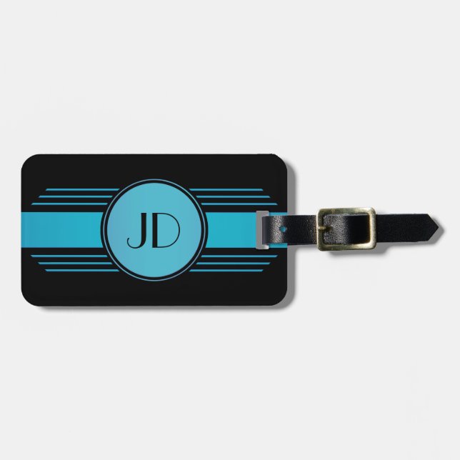 Schwarzer und blauer Kunst-Deko-mit Monogramm Gepäckanhänger (Vorderseite horizontal)