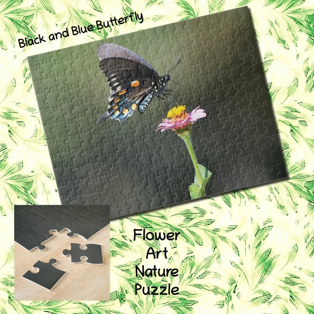 Schwarzer und Blauer Schmetterling und Blume Natur Puzzle (A black and blue Swallowtail butterfly on a Pink Zinnia flower as a fun puzzle.)
