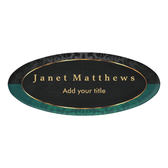 Schwarzer und dunkelgrüner Damast mit Namenschild (Vorderseite)