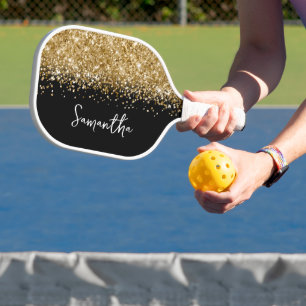 Schwarzer und glitzernder goldener Glamour-Name in Pickleball Schläger