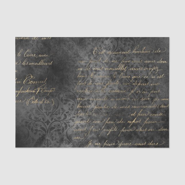 Schwarzer und goldener Damast-Vintage-Kalligrafie Seidenpapier (Vorderseite)