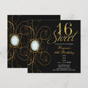 Schwarzer und goldener Diamant Sweet 16 Geburtstag Einladung