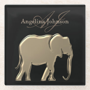 Schwarzer und goldener Elefant Elegant monogrammie Glasuntersetzer