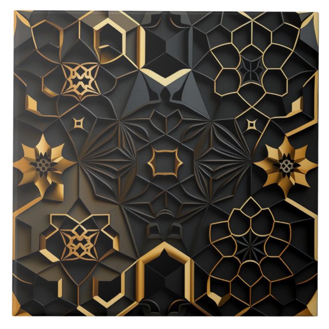 Schwarzer und goldener geometrischer floraler Mosa Fliese (Vorderseite)