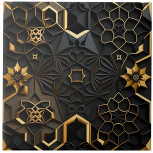Schwarzer und goldener geometrischer floraler Mosa Fliese