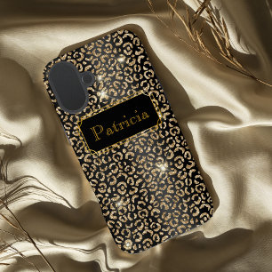 Schwarzer und goldener glamouröser Leopard Glitter iPhone 16 Plus Hülle