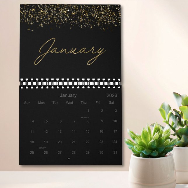 Schwarzer und goldener Glitter Eleganter moderner  Kalender (In situ)