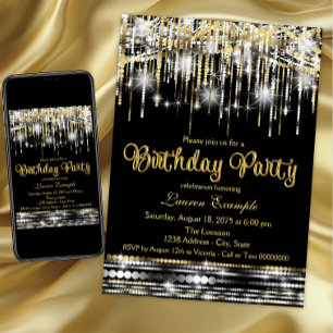 Schwarzer und goldener Glitter Glam Geburtstag Einladung
