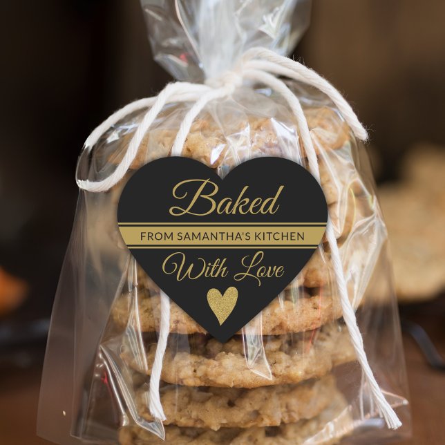 Schwarzer und goldener Glitzer mit Liebe gebacken Herz-Aufkleber (Von Creator hochgeladen)