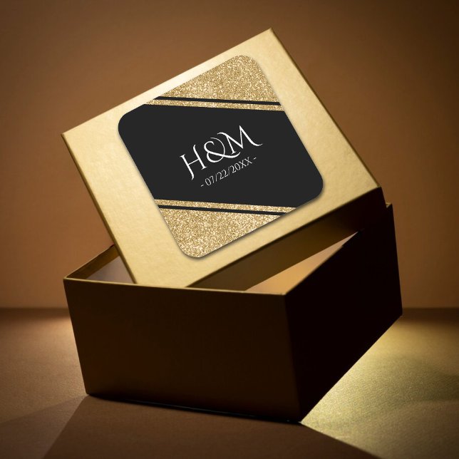 Schwarzer und goldener Glitzer Streifen Gastgesche Quadratischer Aufkleber (Black & Gold Glitter Stripe Wedding Favor Square Sticker)