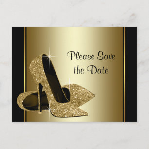 Schwarzer und goldener High Heel Schuh Save The Da Ankündigungspostkarte
