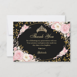 Schwarzer und goldener Rosé-Quinceañera-Schmetterl Dankeskarte