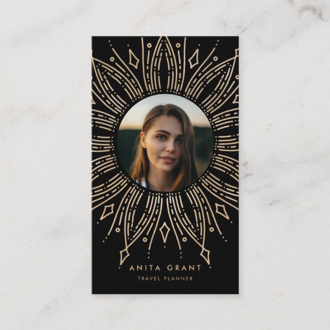 Schwarzer und goldener Sonnenschutzrahmen Deko Visitenkarte (Vorderseite)