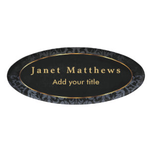 Schwarzer und grauer Damast mit Gold Trim Design Namenschild