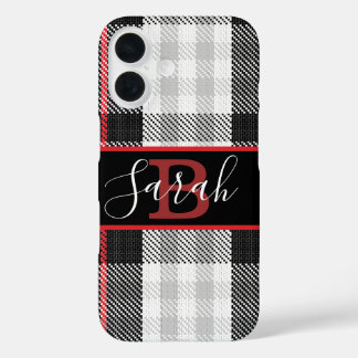 Schwarzer und grauer Tartan Schachroter Schriftart iPhone 16 Hülle
