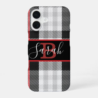 Schwarzer und grauer Tartan Schachroter Schriftart iPhone 16 Hülle