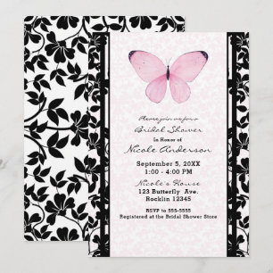 Schwarzer und rosa Schmetterling Floral Brautparty Einladung