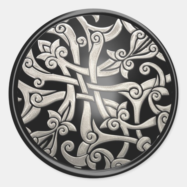 Schwarzer und silberer Keltischer Damast Umschlag  Runder Aufkleber (Vorderseite)
