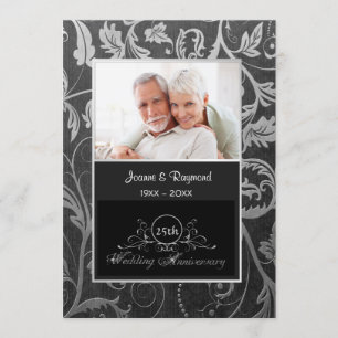 Schwarzer und silberner Damast 25. Hochzeitstag Einladung