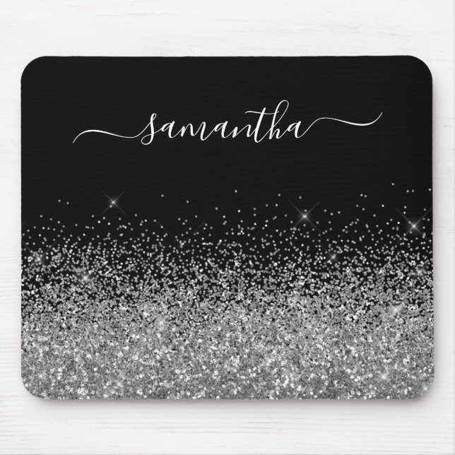 Schwarzer und Silberner Glitzer Eleganter Name Mousepad (Vorne)