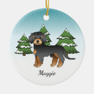 Schwarzer und Tan Mini Goldendoodle - Winterwald Keramik Ornament