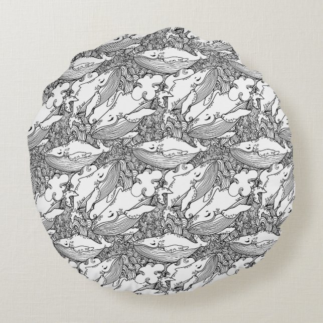 Schwarzer und weißer Buckelwal Rundes Kissen (Rückseite)