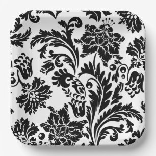 Schwarzer und weißer Damast-Formal-Hochzeitspapier Pappteller