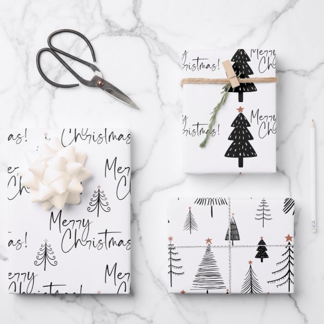 Schwarzer und weißer froher Weihnachtsbaum Geschenkpapier Set (Vorderseite)