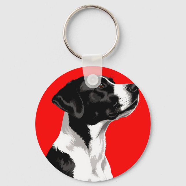 Schwarzer und weißer Hund auf fett rotem Hintergru Schlüsselanhänger (Vorderseite)