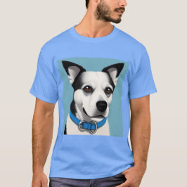 Schwarzer und weißer Hund mit blauem Collar T-Shirt