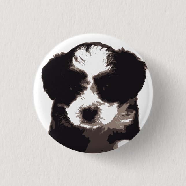 Schwarzer und weißer maltesischer Welpenhund Button (Vorderseite)
