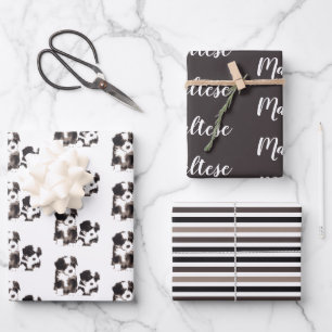 Schwarzer und weißer maltesischer Welpenhund Geschenkpapier Set