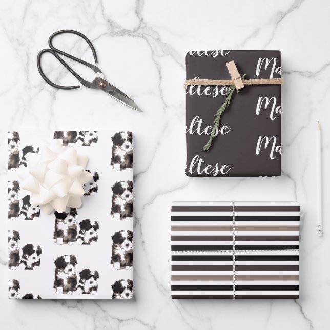 Schwarzer und weißer maltesischer Welpenhund Geschenkpapier Set (Vorderseite)