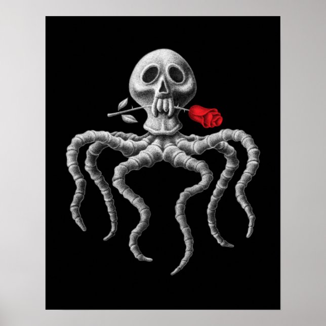 Schwarzer und weißer Oktopus Schädel mit Rote Rose Poster (Vorne)