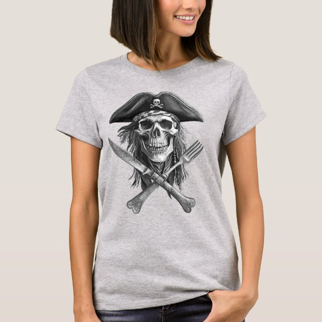 Schwarzer und weißer Piratenschädel mit Utensid fü T-Shirt (Vorderseite)